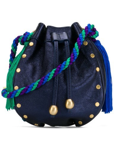 PHILOSOPHY DI LORENZO SERAFINI blue leather tassel bucket mini bag | small luxe bags - flipped
