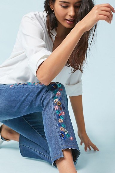 Pilcro Embroidered Mid-Rise Slim Straight Jeans | floral step hem denim jean - flipped