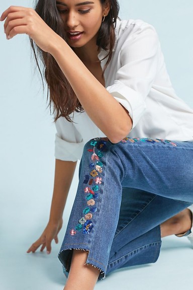 Pilcro Embroidered Mid-Rise Slim Straight Jeans | floral step hem denim jean