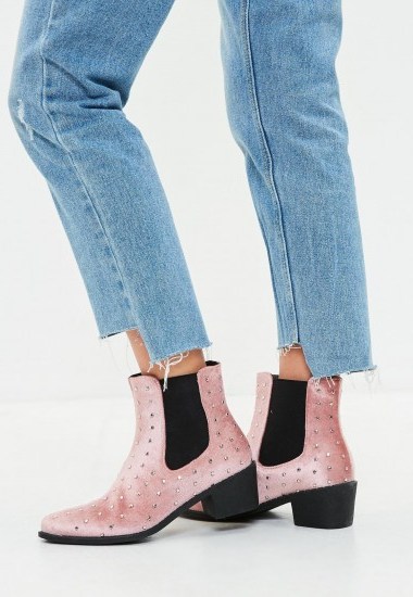 MISSGUIDED pink all over studded velvet western boots - flipped
