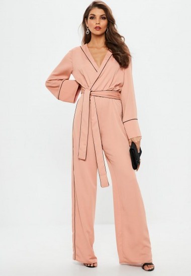 missguided pink contrast piping pyjama wrap jumpsuit | vintage style jumpsuits - flipped