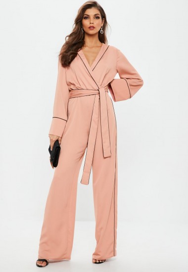 missguided pink contrast piping pyjama wrap jumpsuit | vintage style jumpsuits