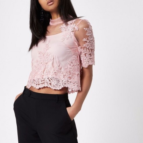 River Island Pink high neck lace crop top – semi sheer tops - flipped