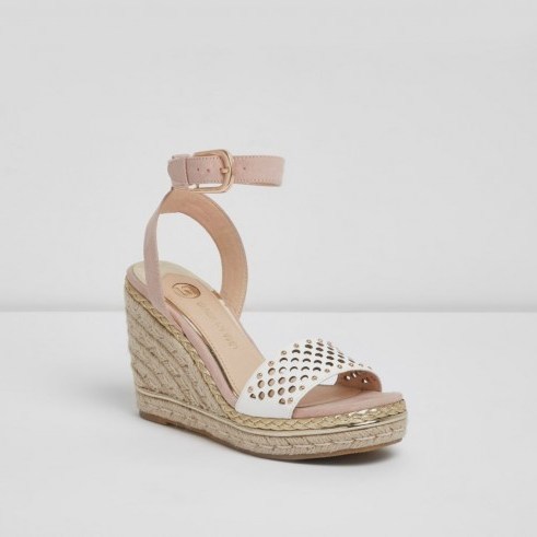 River Island Pink laser cut studded espadrille wedges – ankle strap wedges - flipped
