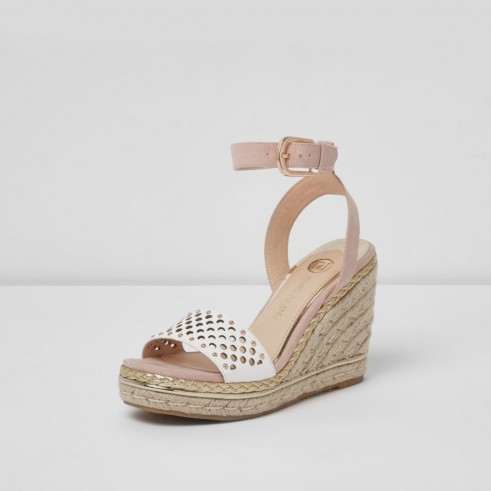 River Island Pink laser cut studded espadrille wedges – ankle strap wedges