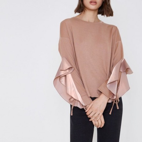 River Island Pink satin frill sleeve sweatshirt – ruffle sleeved tops - flipped