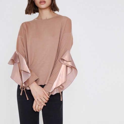 River Island Pink satin frill sleeve sweatshirt – ruffle sleeved tops