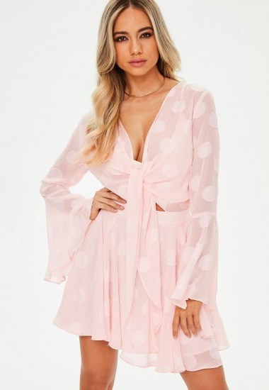 Missguided pink spot chiffon flare sleeve skater dress | floaty plunge front dresses - flipped