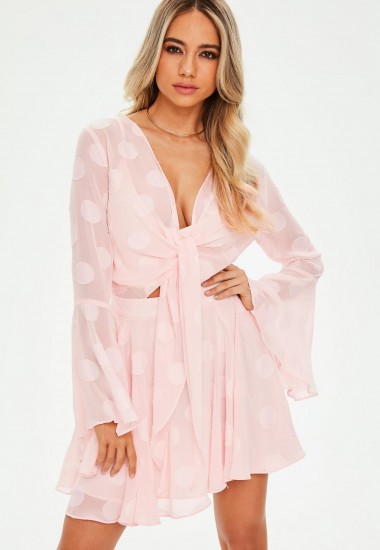 Missguided pink spot chiffon flare sleeve skater dress | floaty plunge front dresses