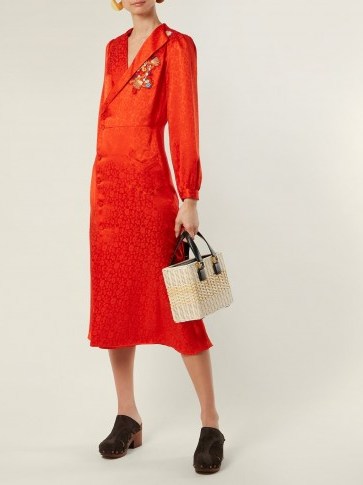 ETRO Plutone floral-embroidered button-down satin dress ~ red vintage inspired dresses - flipped