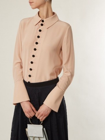 CHLOÉ Point-collar scalloped-edged silk crepe shirt ~ chic beige-pink shirts - flipped
