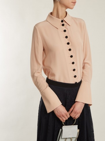 CHLOÉ Point-collar scalloped-edged silk crepe shirt ~ chic beige-pink shirts
