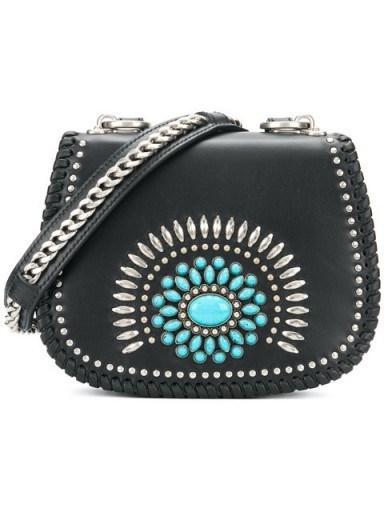 PRADA turquoise stone embellished shoulder bag | black leather saddle bags - flipped