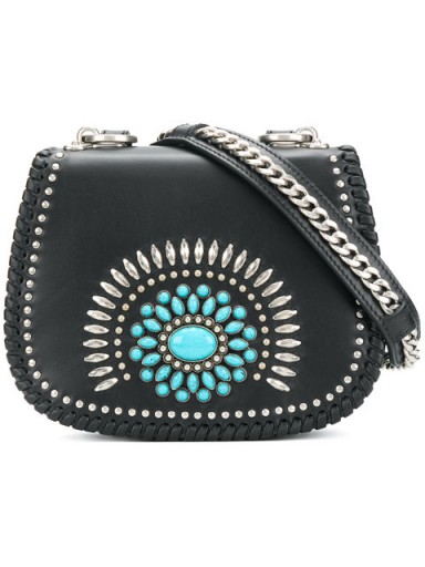 PRADA turquoise stone embellished shoulder bag | black leather saddle bags
