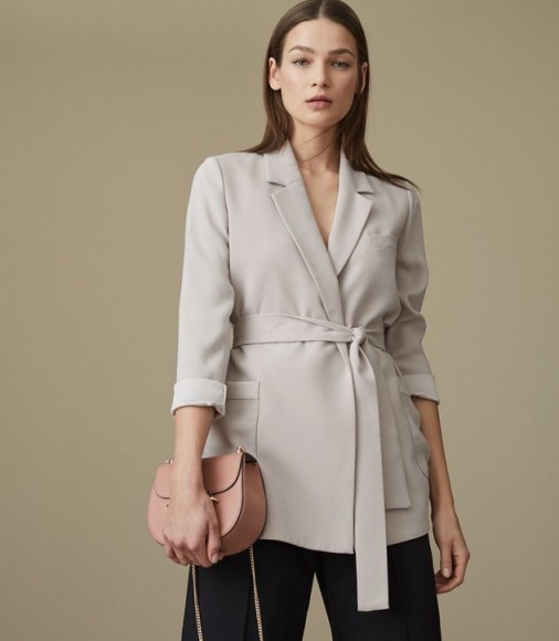 REISS PRAIRIE BELTED RELAXED-FIT BLAZER SOFT GREY ~ belted jackets