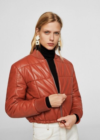 MANGO Quilted orange leather jacket - flipped