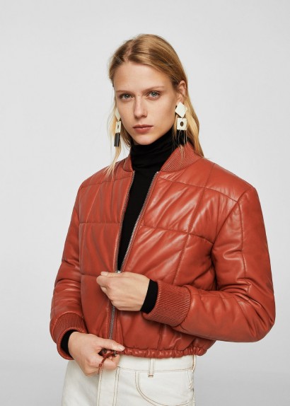 MANGO Quilted orange leather jacket