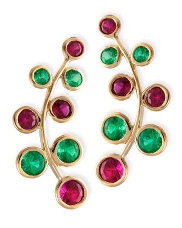 Rina Limor 18k Yellow Gold Vine Earrings with Rubies & Emeralds – luxe ear crawlers – red and green stone jewellery - flipped