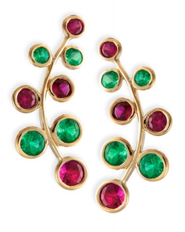 Rina Limor 18k Yellow Gold Vine Earrings with Rubies & Emeralds – luxe ear crawlers – red and green stone jewellery