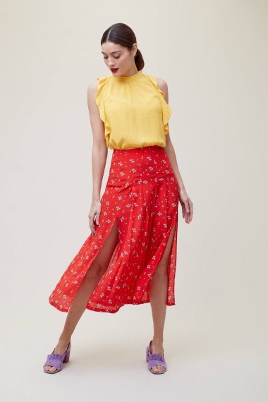 Rixo London Georgia Printed Silk Skirt | red front slit skirts - flipped