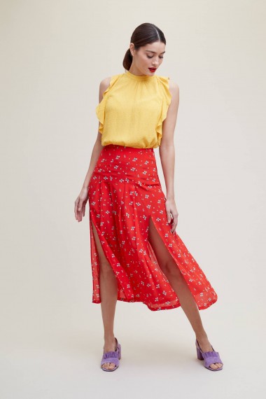 Rixo London Georgia Printed Silk Skirt | red front slit skirts