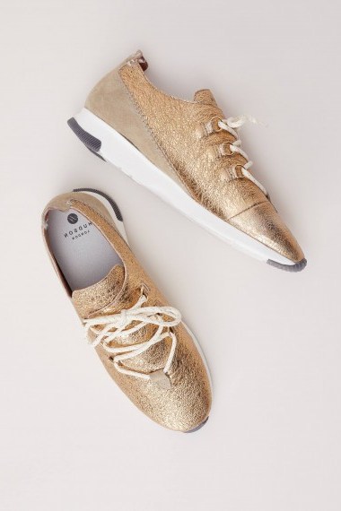 Ronya Suede and Leather Trainers | metallic gold sneakers | sports luxe shoes - flipped