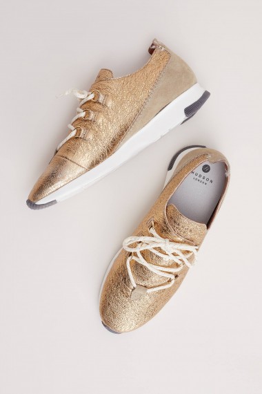 Ronya Suede and Leather Trainers | metallic gold sneakers | sports luxe shoes