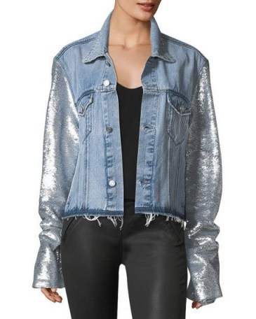 RtA Haylee Button-Front Denim Jacket w/ Sequin Sleeves ~ embellished casual jackets - flipped