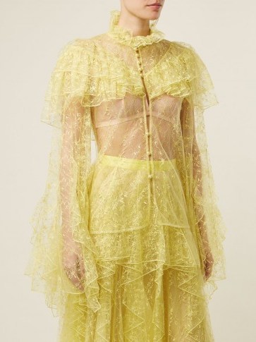RODARTE Yellow Ruffle-trimmed high-neck floral-lace blouse ~ sheer statement blouses - flipped