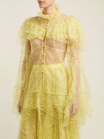 RODARTE Yellow Ruffle-trimmed high-neck floral-lace blouse ~ sheer statement blouses