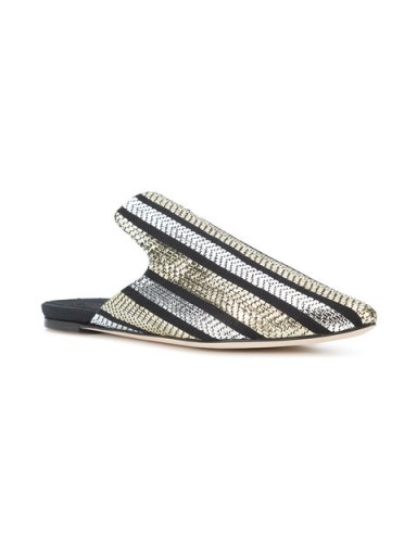 SANAYI 313 pointed toe stripe metallic slippers ~ black and silver tone flats