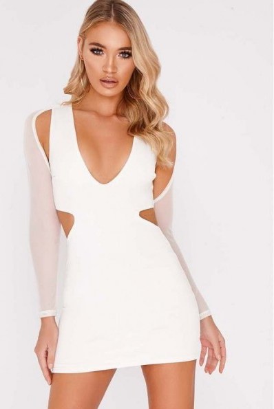 SARAH ASHCROFT WHITE MESH SLEEVE MINI DRESS ~ cut out dresses ~ going out glamour - flipped