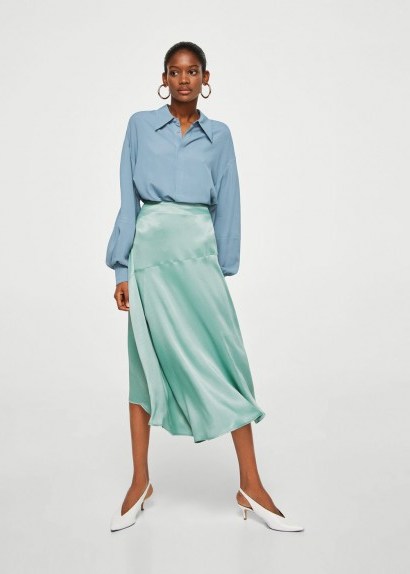 MANGO Satin asymmetric skirt NEWPORT / green silky skirts - flipped