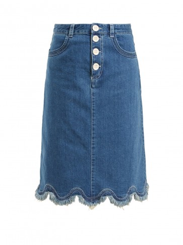 SEE BY CHLOÉ Scalloped-hem denim midi skirt ~ blue frayed hemline skirts