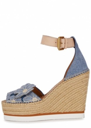 SEE BY CHLOÉ Appliquéd espadrille wedge sandals ~ blue denim wedges ~ 70s vintage summer style - flipped