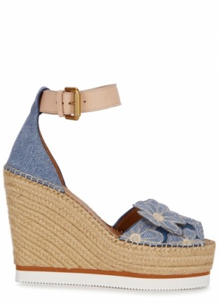 SEE BY CHLOÉ Appliquéd espadrille wedge sandals ~ blue denim wedges ~ 70s vintage summer style