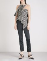 SELF-PORTRAIT Abstract Stripe Asymmetric Ruffle woven and satin jumpsuit | black and white striped jumpsuits