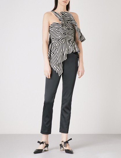 SELF-PORTRAIT Abstract Stripe Asymmetric Ruffle woven and satin jumpsuit | black and white striped jumpsuits - flipped