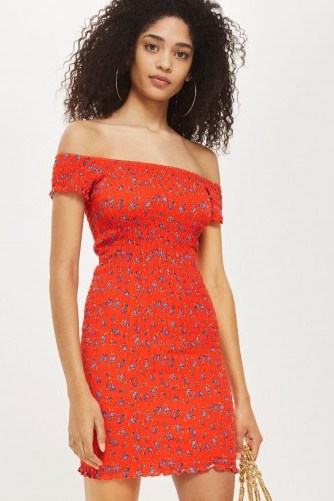 Topshop Shirred Ditsy Bodycon Dress | red off shoulder dresses for spring/summer - flipped