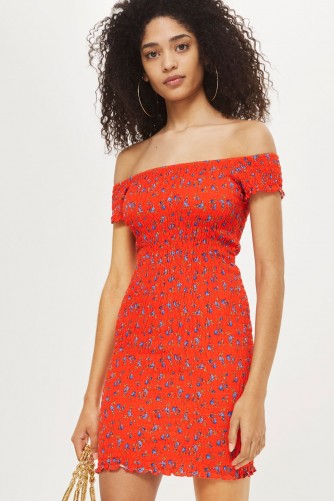 Topshop Shirred Ditsy Bodycon Dress | red off shoulder dresses for spring/summer