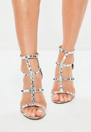 Missguided silver studded gladiator sandals – metallic stiletto heeled gladiators - flipped