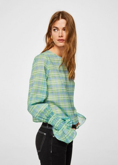 MANGO Sleeve detail blouse / green check print gathered cuff tops - flipped