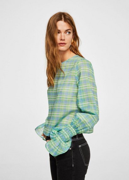 MANGO Sleeve detail blouse / green check print gathered cuff tops