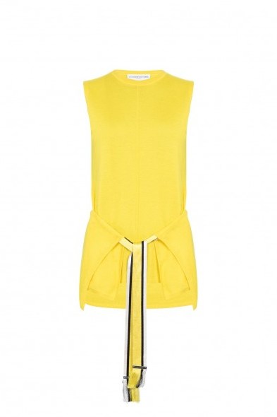 AMANDA WAKELEY SLEEVELESS CASHMERE WRAP TOP IN LEMON ~ yellow tie front knitted tops - flipped