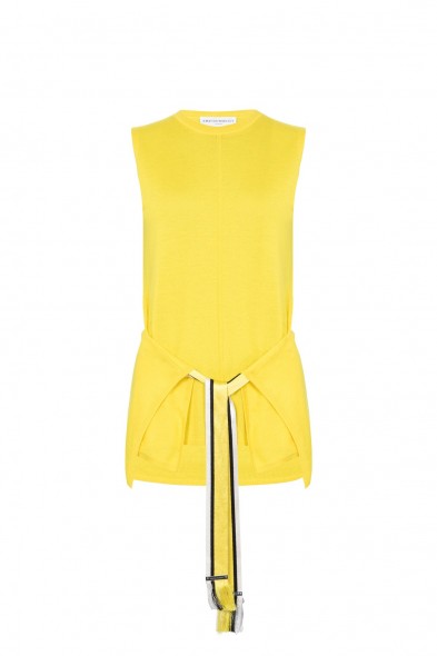 AMANDA WAKELEY SLEEVELESS CASHMERE WRAP TOP IN LEMON ~ yellow tie front knitted tops
