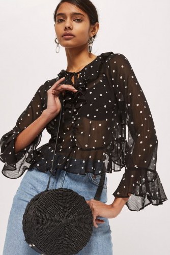 Topshop Spot Frill Blouse | sheer black spotty blouses - flipped