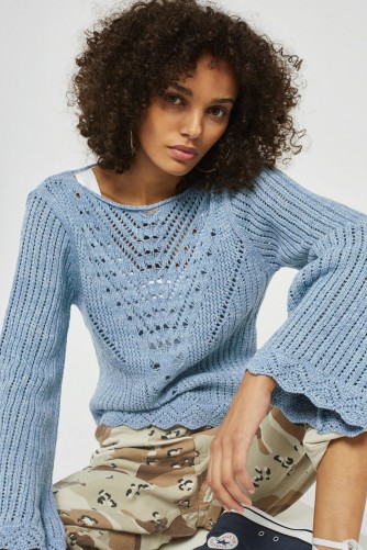 Topshop Stitchy Tie Back Flute Sleeve Top | blue vintage style jumpers | lnitted tops
