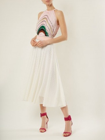 MISSONI Striped pleated knit midi dress ~ pink and white crochet dresses - flipped
