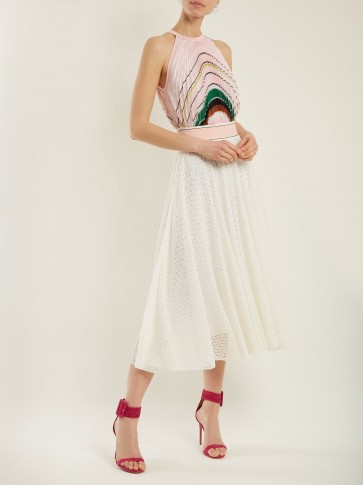 MISSONI Striped pleated knit midi dress ~ pink and white crochet dresses