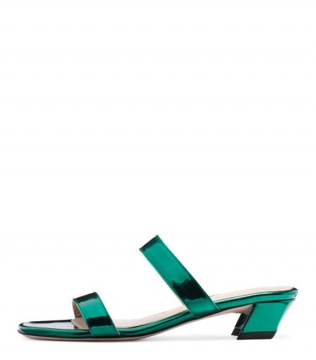 STUART WEITZMAN THE AVA SANDAL EVERGREEN | shiny green angled heel sandals - flipped